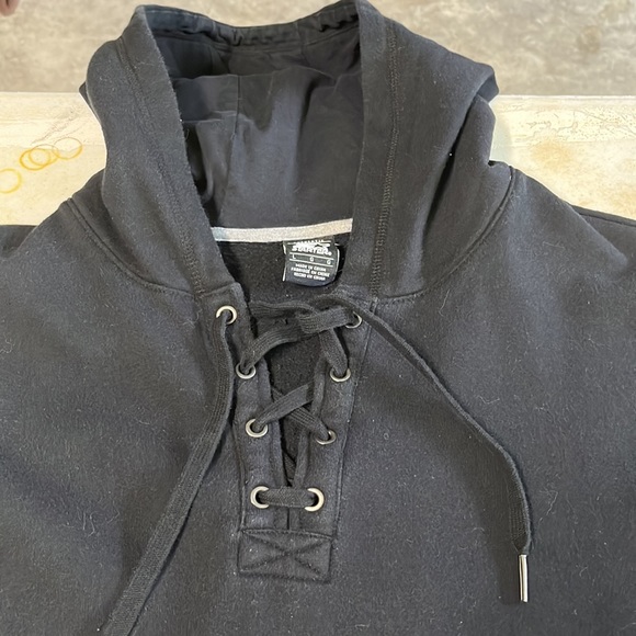 Black Starter pullover Hoodie with faux leather stripes on arms and bottom - Picture 2 of 6